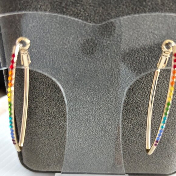 Rainbow Crystal Gold Hoop Earrings 2.5" Long Colorful Statement Jewelry For Wome - Picture 1 of 4